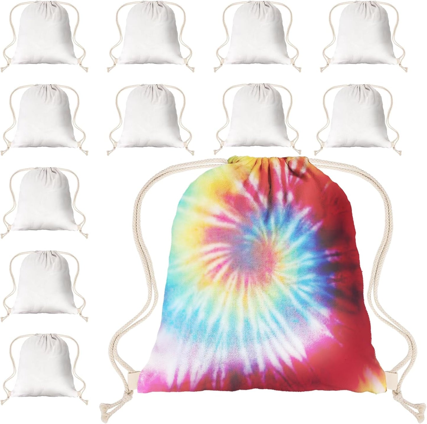 Drawstring Backpack Sublimation Blanks, Thickened Fabric White Cotton Canvas DIY for Tie Dye Bulk 12PCS