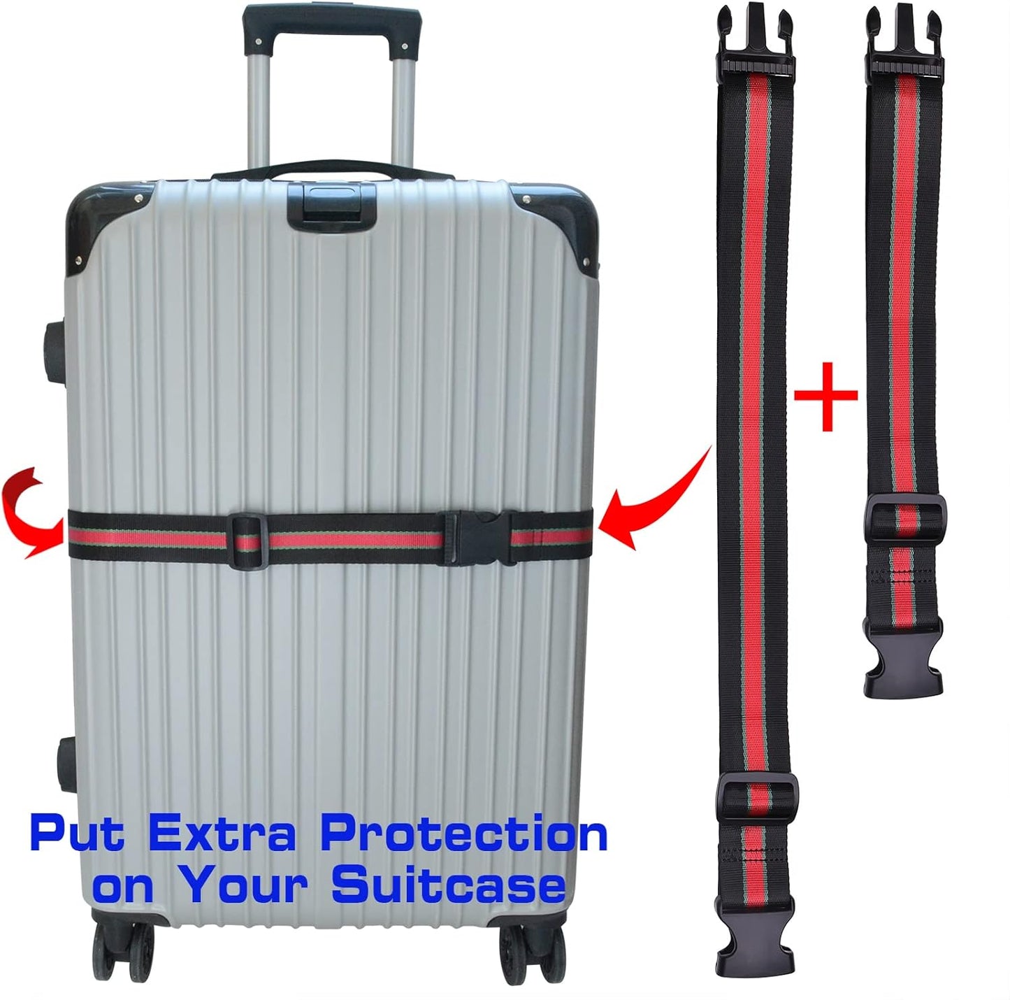 Luggage Strap add a Bag, Heavy Duty Adjustable Suitcase Belt Travel Attachment Travel Accessories for Connecting Your Luggage (Black+red)