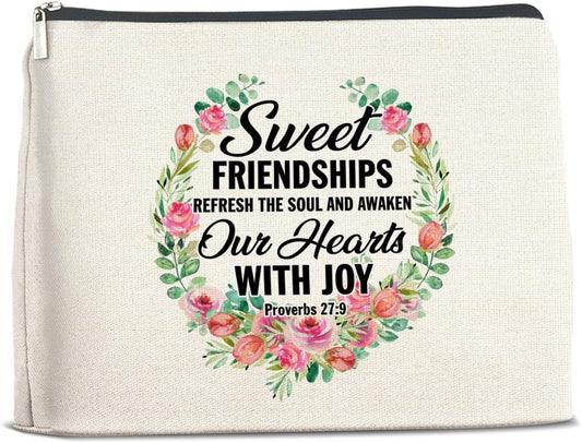 Friendship Gifts Makeup Bag, Christian Gifts for Women Friends Bestie, Proverbs 27:9 Sweet Friendship Refresh the Soul Christian Zipper Makeup Pouch