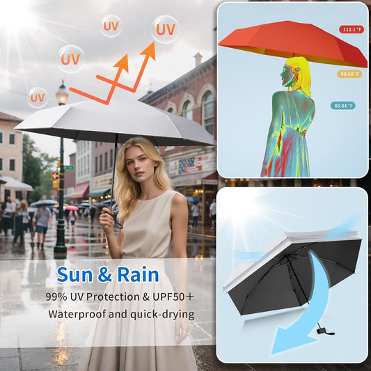 Compact Mini Windproof Travel Umbrella-UPF 50+ Sun & Rain Protection, Small Folding Design Fits in Pocket or Purse, Lightweight Portable with Case for Women, Men & Kids