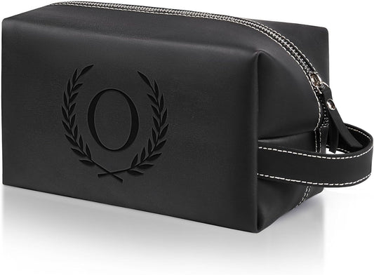 Personalized Gifts Travel Toiletry Bag for Men Engraved Initial PU Leather Waterproof Shaving Bag for Toiletries Accessories Fathers Day Birthday Gift for Men Dad Husband Son, Black O