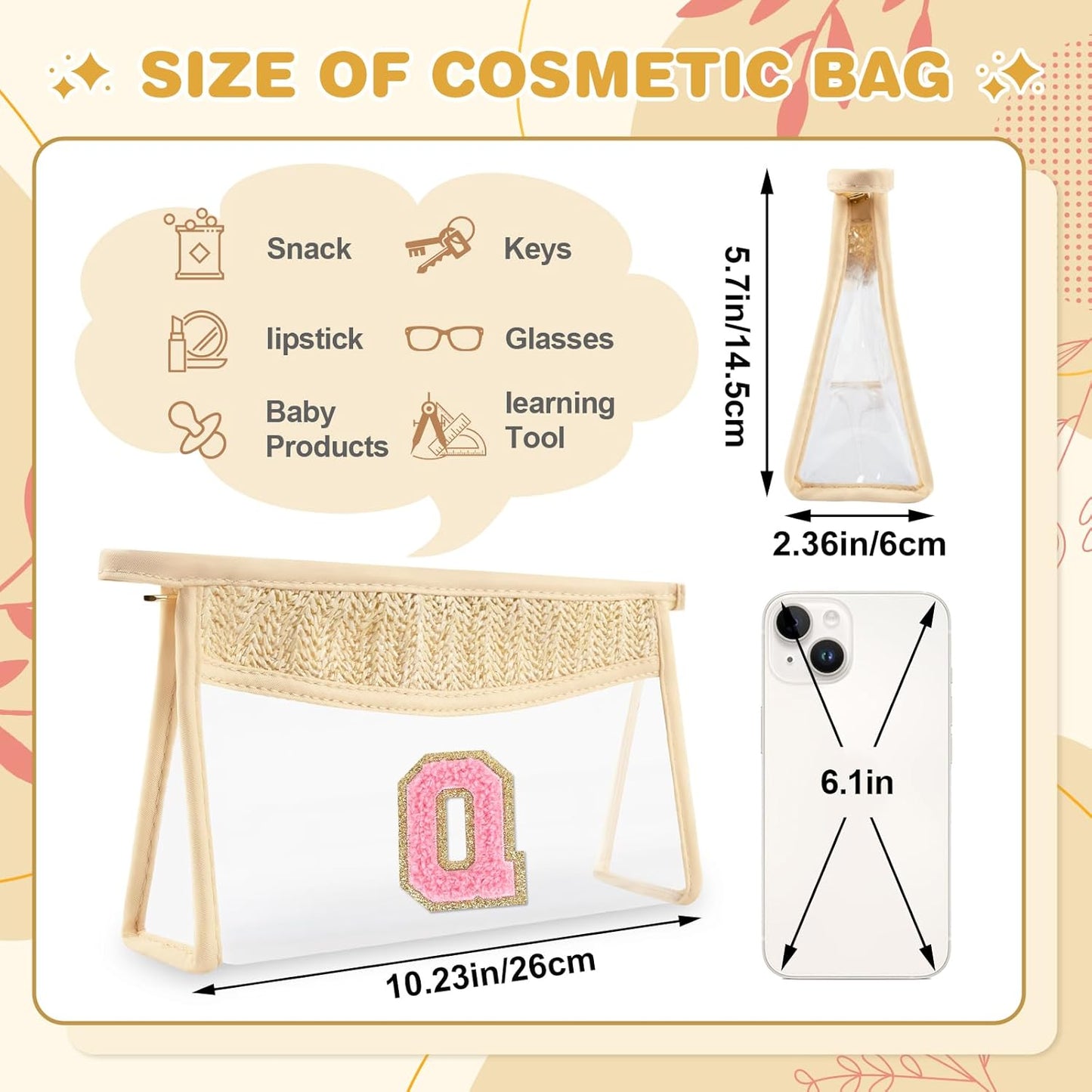 Small Boho Straw Initial Letter Makeup Bag Personalized Gift ,Cute Clear Chenille Patch Makeup Bag With Zipper,Trendy TSA Approved Travel Toiletry Bag,Gift for Women Girls Birthday Friend, Letter Q