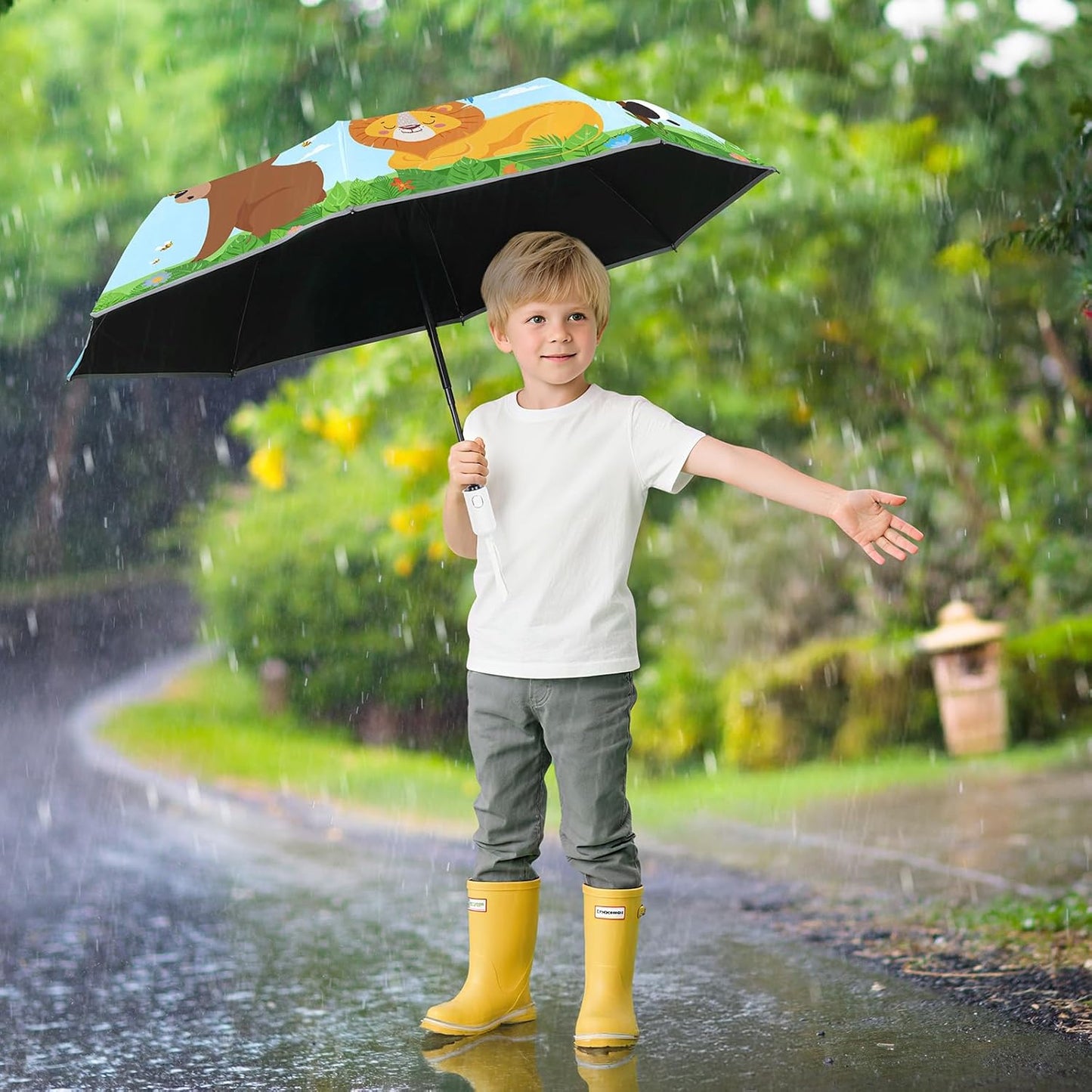 Autoamtic Kids Umbrella UV Resistant, Folding Compact Umbrella 360° Reflective Strip for Travel Outdoor, Lightweight Cute Kids Parasol Anti-rebound Safe for Toddler