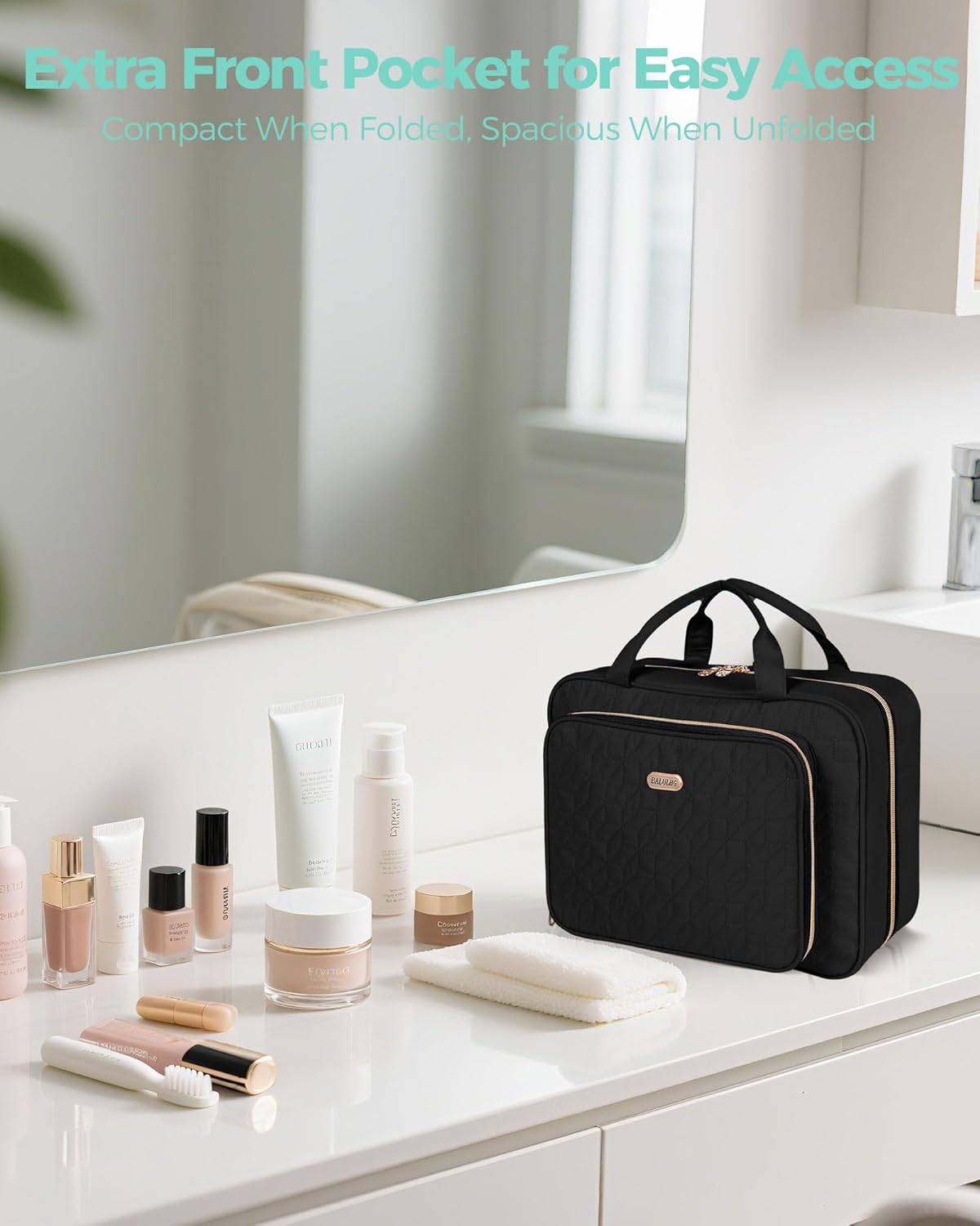 Travel Hanging Toiletry Bag for Women,Makeup Bag Cosmetic Organizer Waterproof with Hanging Hook Multiple Pockets for Women Travel Essentials Black