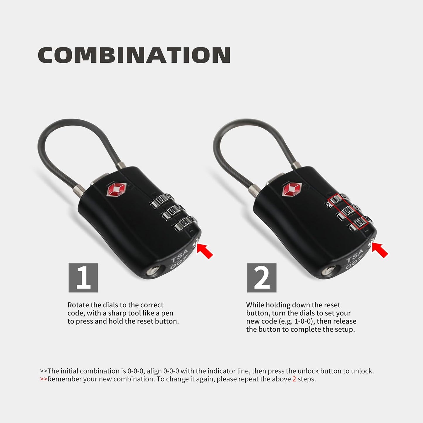 TSA Locks for Luggage, Small Combination Padlock with Cable, Travel Essentials Luggage Locks TSA Approved, Combo Padlock with Code, for Suitcase, Bag, Backpack Zipper, Gym Locker (2-Pack)