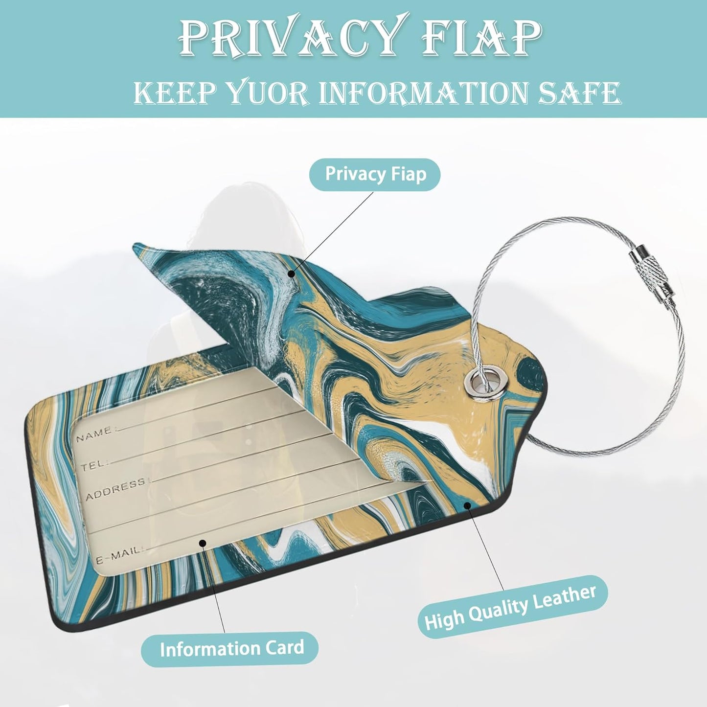 Luggage Tags for Suitcase,2 Pack Blue Gold Marble Luggage Tag PU Leather Privacy Cover ID Label with Stainless Steel Loop for Women Men Teens Travel