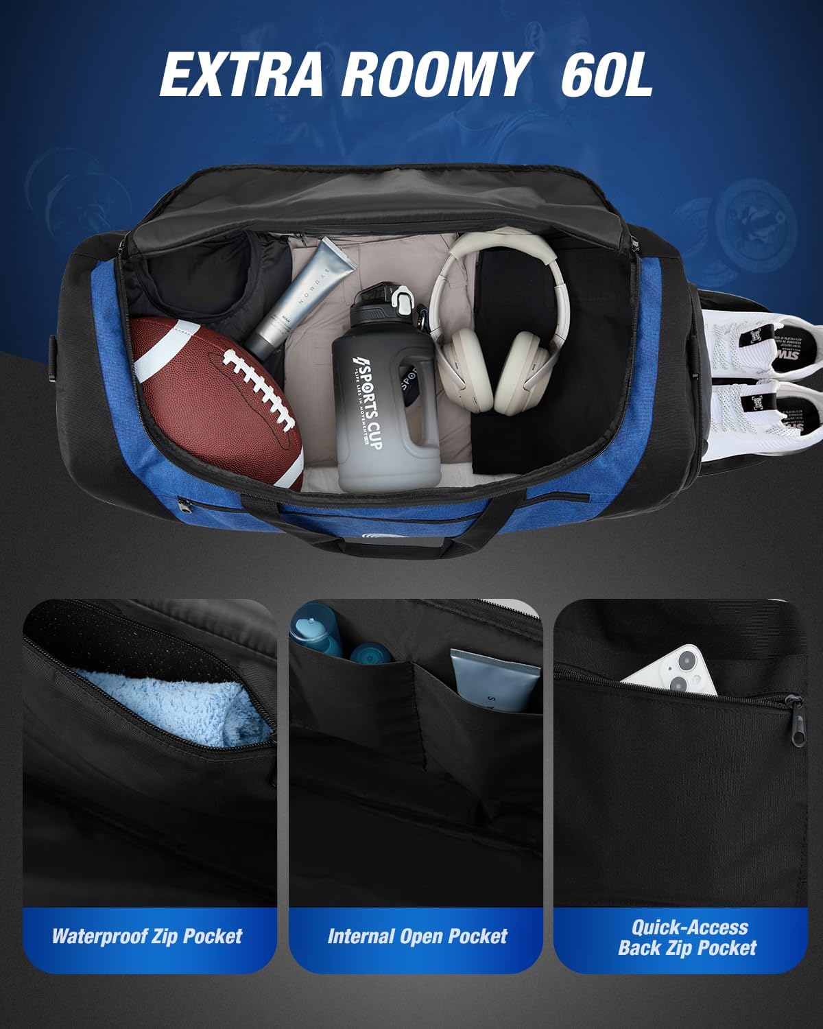Gonex Gym Duffel Bag with Shoe Compartment Wet Pocket, Large Capacity Sports Duffle Bag for Men Women, Workout & Travel Bag with Multiple Pockets, Black/Blue, Medium (60L)