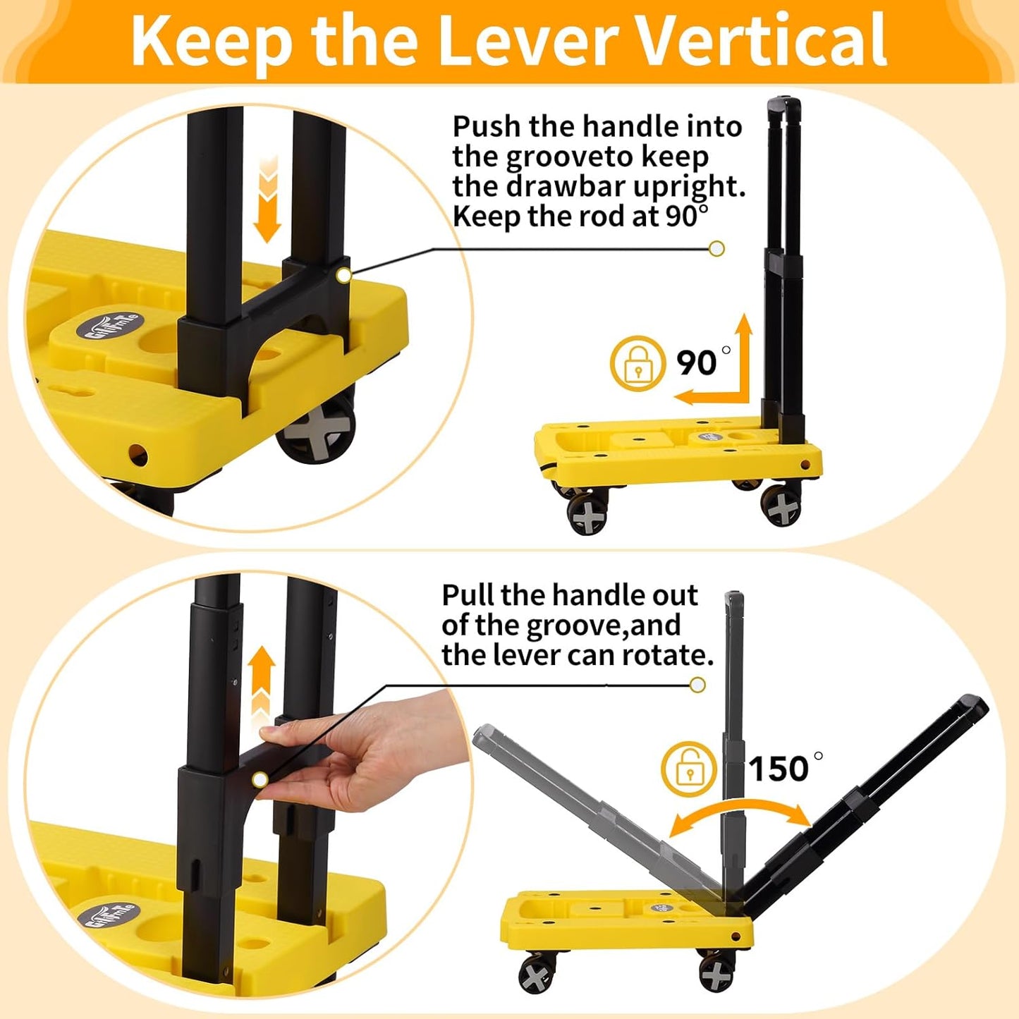 Folding Hand Truck Lightweight Hand Truck Dolly Foldable,Luggage cart with 4 Rotate Wheels, Utility Cart with Adjustable Handle,Collapsible Dolly for Moving -Yellow