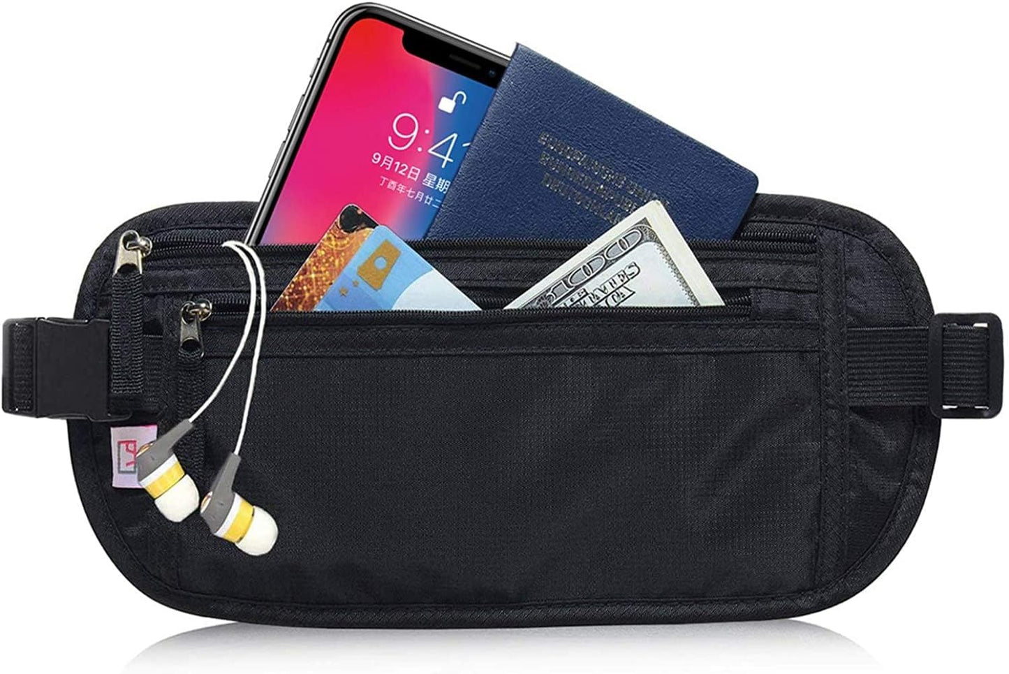 RFID Blocking Travel Wallet - Money Belt & Passport Holder, Slim Hidden Fanny Packs for Women Men - Black