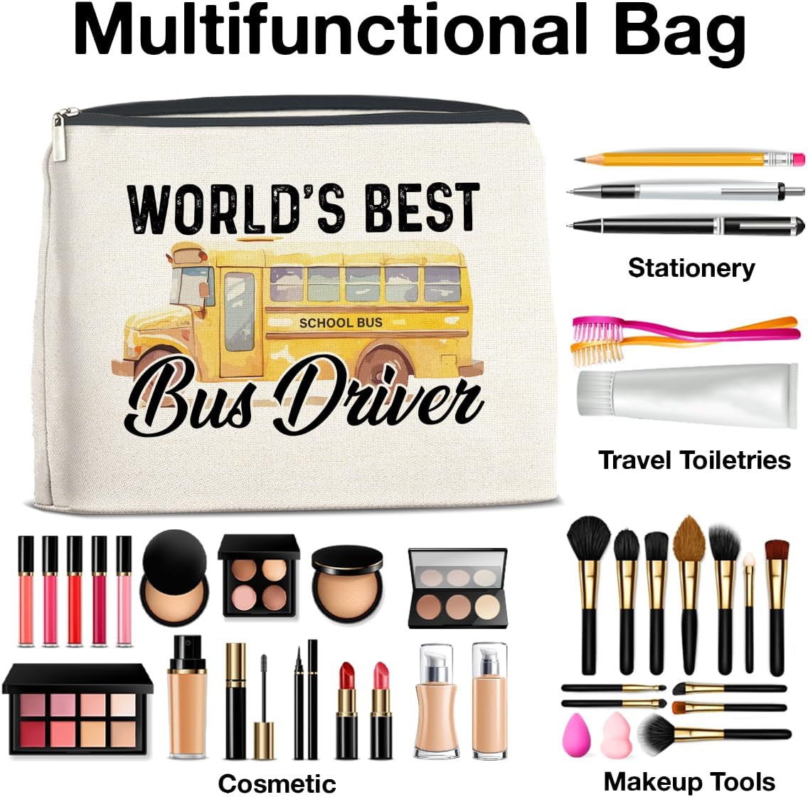 Bus Driver Gifts Makeup Bag School Bus Driver Appreciation Gifts, Thank You Gifts for Bus Driver, World Best Bus Driver Zipper Makeup Pouch