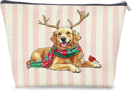 Christmas Golden Retriever Makeup Bag Gifts for Women, Christmas Reindeer Golden Retriever Lover Cosmetic Bag, Xmas Dog Pink Striped Holiday Zipper Makeup Pouch Travel Toiletry Bag