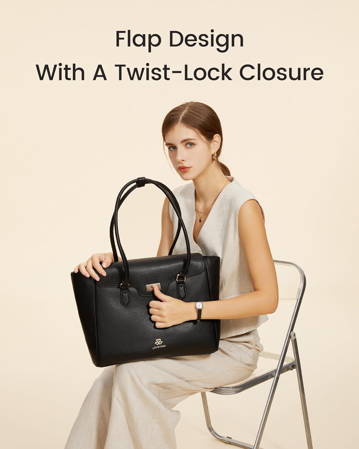 LOVEVOOK Laptop Bag for Women Soft Leather Work Bag, Office Shoulder Tote Purse with Flap Briefcase for Teacher Nurse