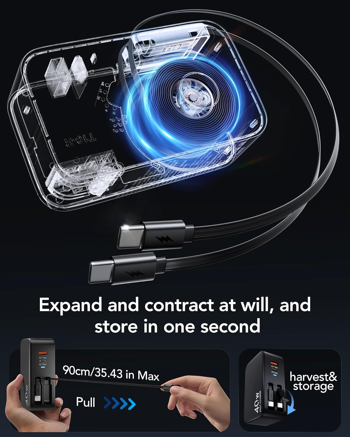 Retractable USB C Charger Wall Plug with Dual 35.5in/90cm Type C Cables Cords,40W Fast Charging