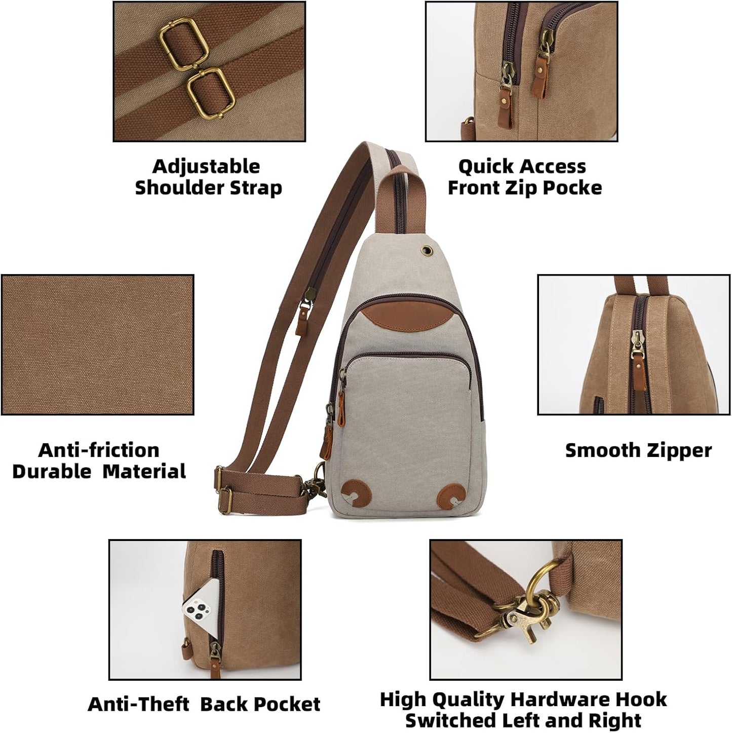 KL928 Canvas Sling Bag Crossbody Backpack Shoulder Casual Rucksack for Men Women,Leaden