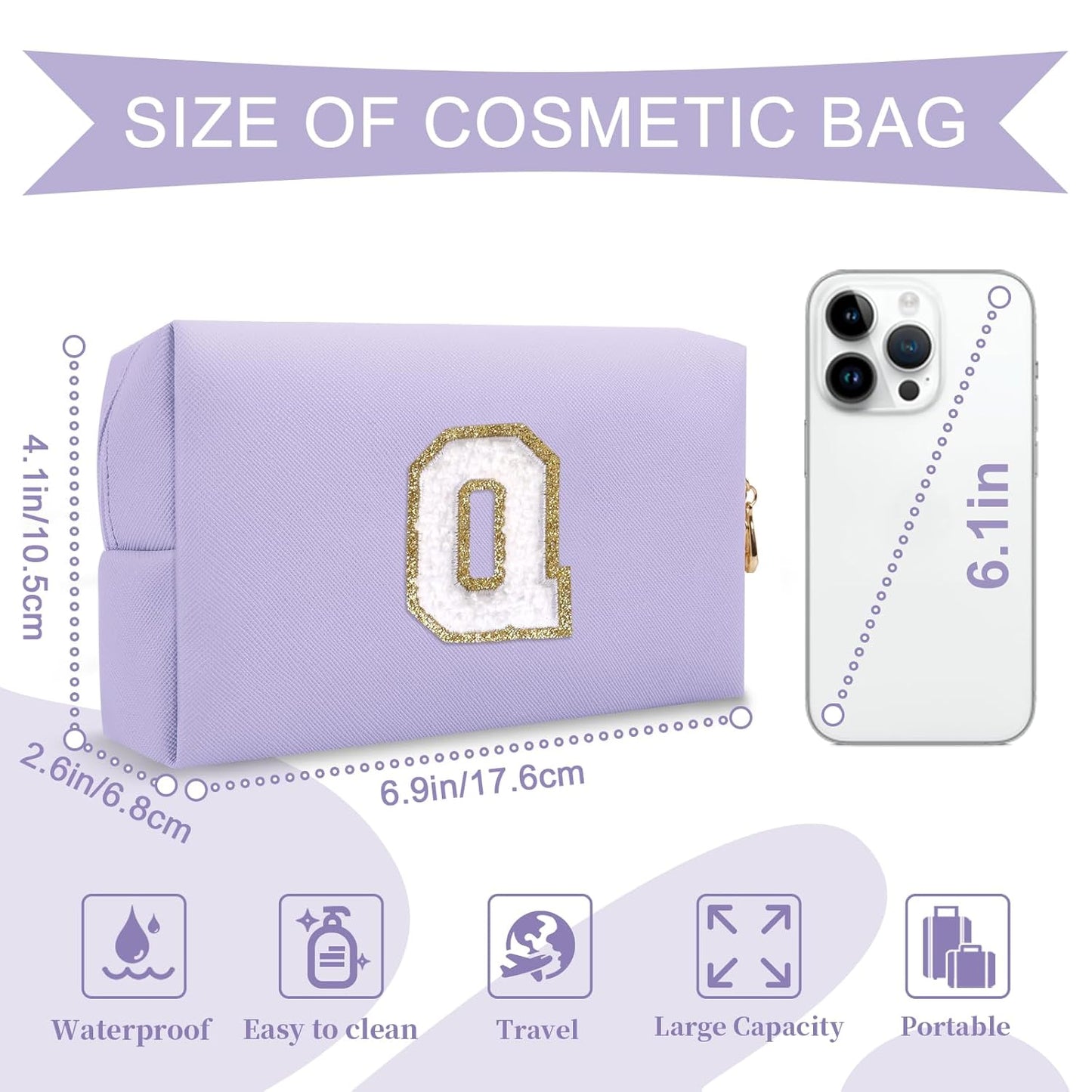 Personalized Makeup Bag Initial A-Z Preppy Patch Bag,Small PU Leather Travel Cosmetic Bag Pouch with Zipper,Purple Cute Toiletry Bag,Gift Ideal for Teen Girls Women Birthday Friend Mom,Latter Q
