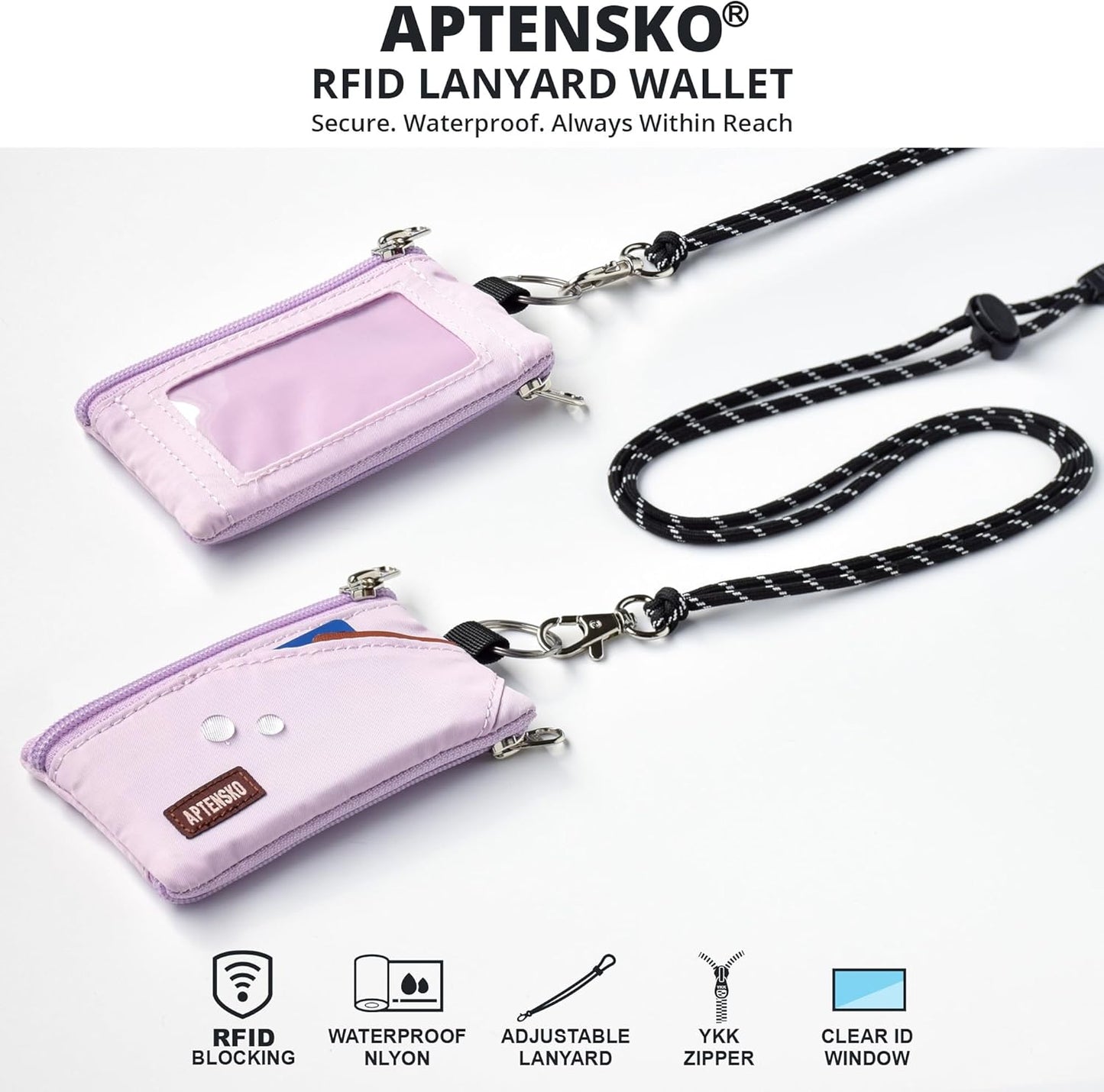 RFID Travel Wallet with Adjustable Lanyard-Zipper Small Wallet with ID Card Holder, Keychain for women&men-Minimalist Slim Waterproof Nylon case for ID, Cash, Key (Soft Lilac)