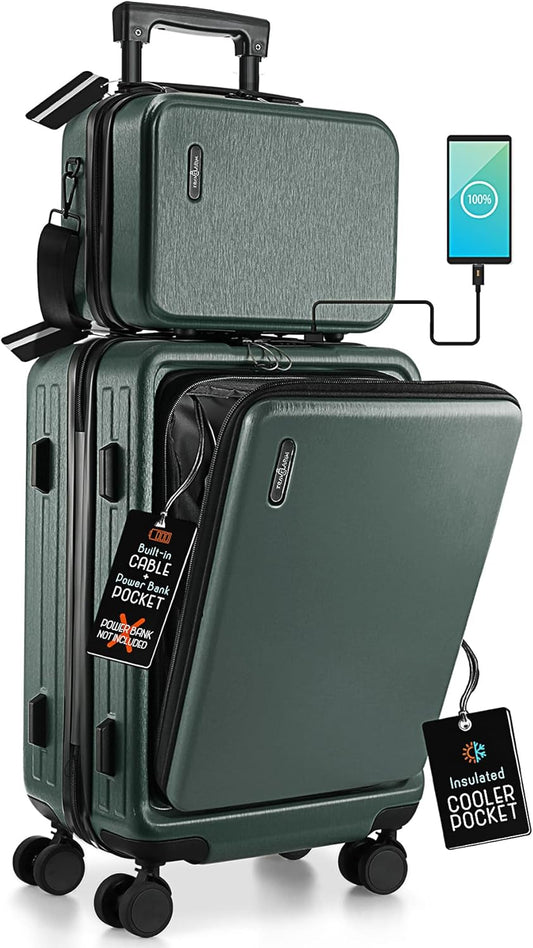 22 Inch Carry On Luggage 22x14x9 Airline Approved, Carry On Suitcase with Wheels, Hard-shell Carry-on Luggage, Durable Luggage Carry-On, Green Small Suitcase with Cosmetic Case