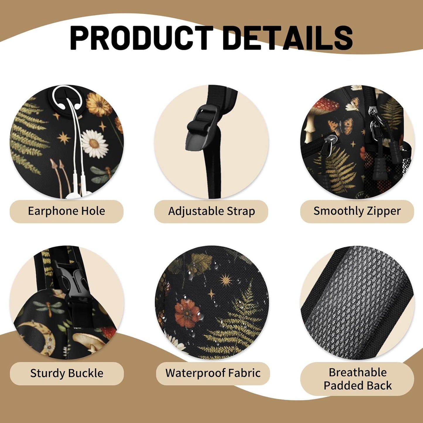 Black Mushroom Plant Sling Bag Crossbody Chest Bag for Women Men, Water Resistant Lightweight