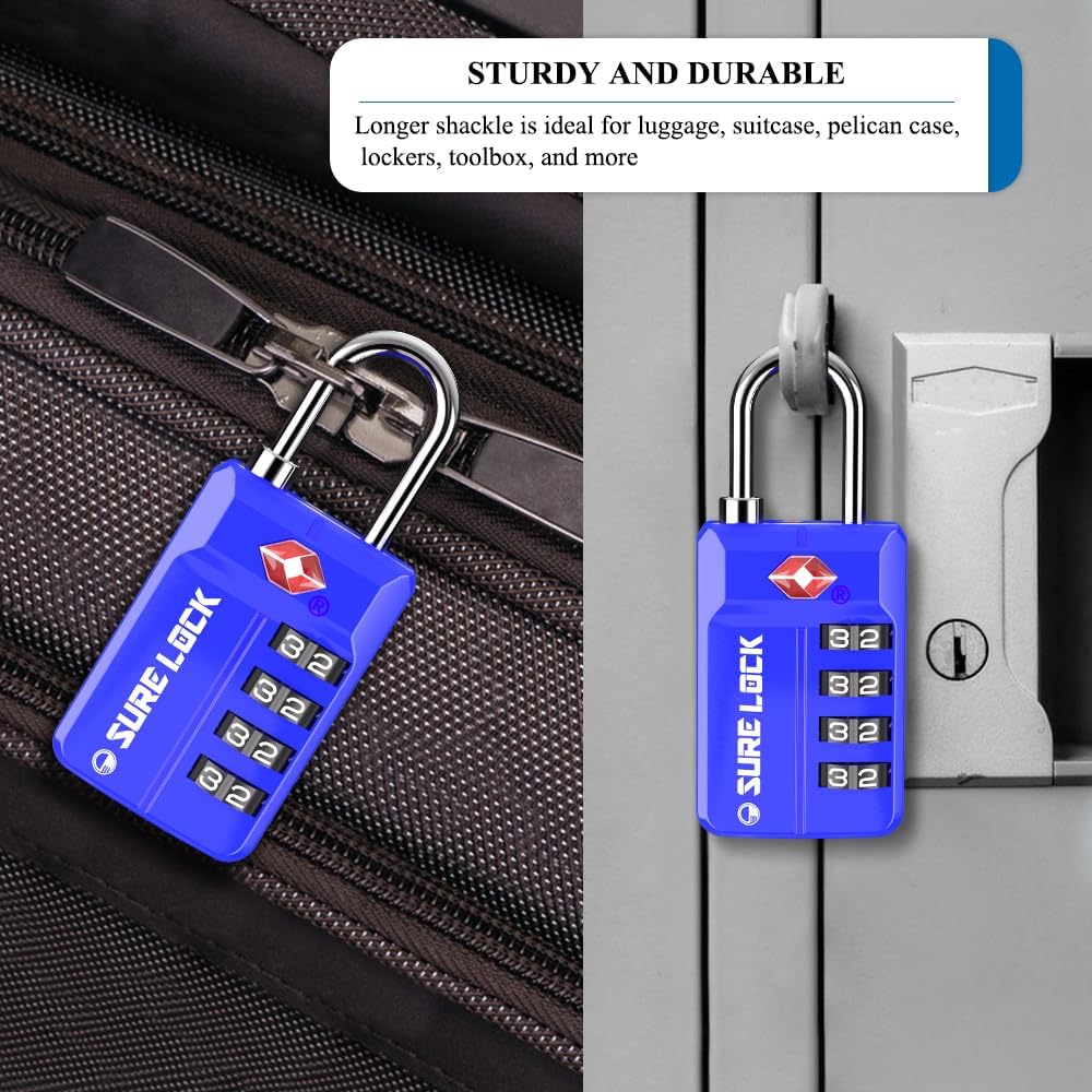 SURE LOCK TSA Approved 4-Digit Resettable Combination Luggage Locks with Open Alert, Easy-Read Dials - for Luggage, School Lockers, Gym, Office, Toolbox & Security Cases(Blue 2 Pack)