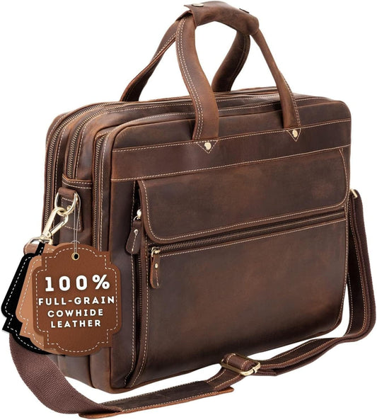 Luxorro Professional Leather Briefcase for Men with YKK Zippers – TSA-Friendly, Fits 17" Laptop, Handcrafted Full-Grain Leather, Ideal Executive Gift (Dark Brown)