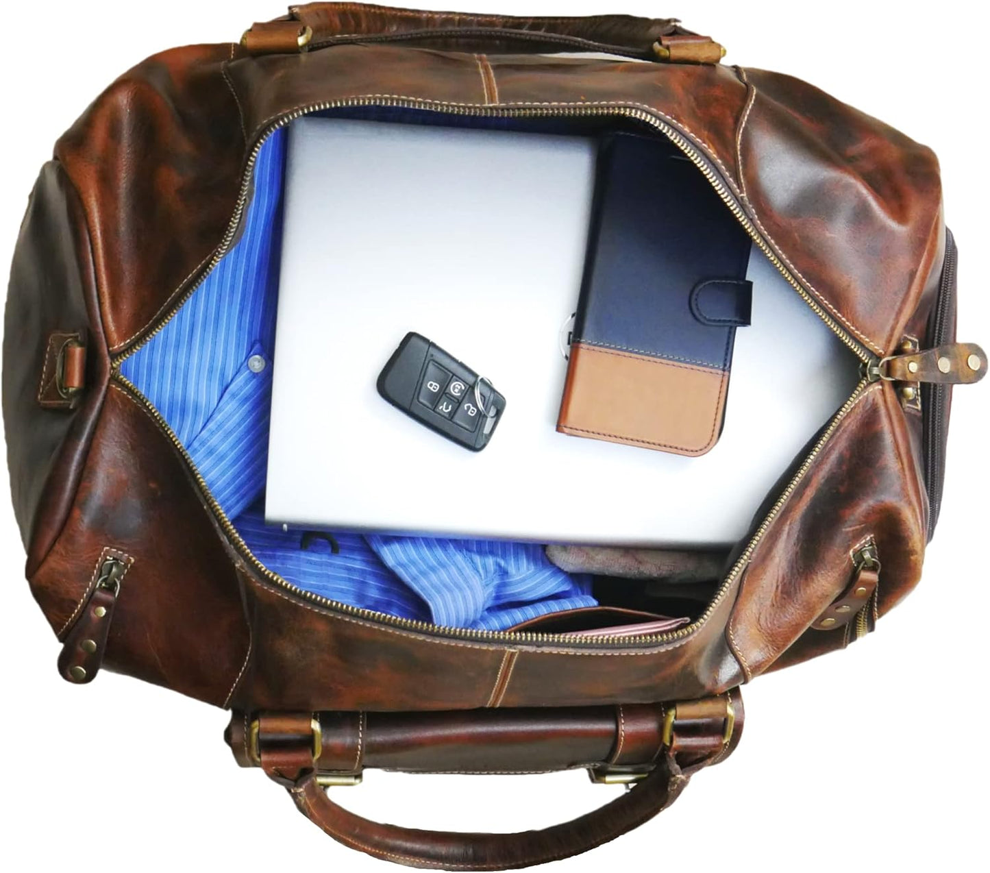 Genuine Full Grain Leather Carry On Travel Bag 21x11x10 with Trolley Straps, Shoe Compartment, Shouler Strap by De Lira