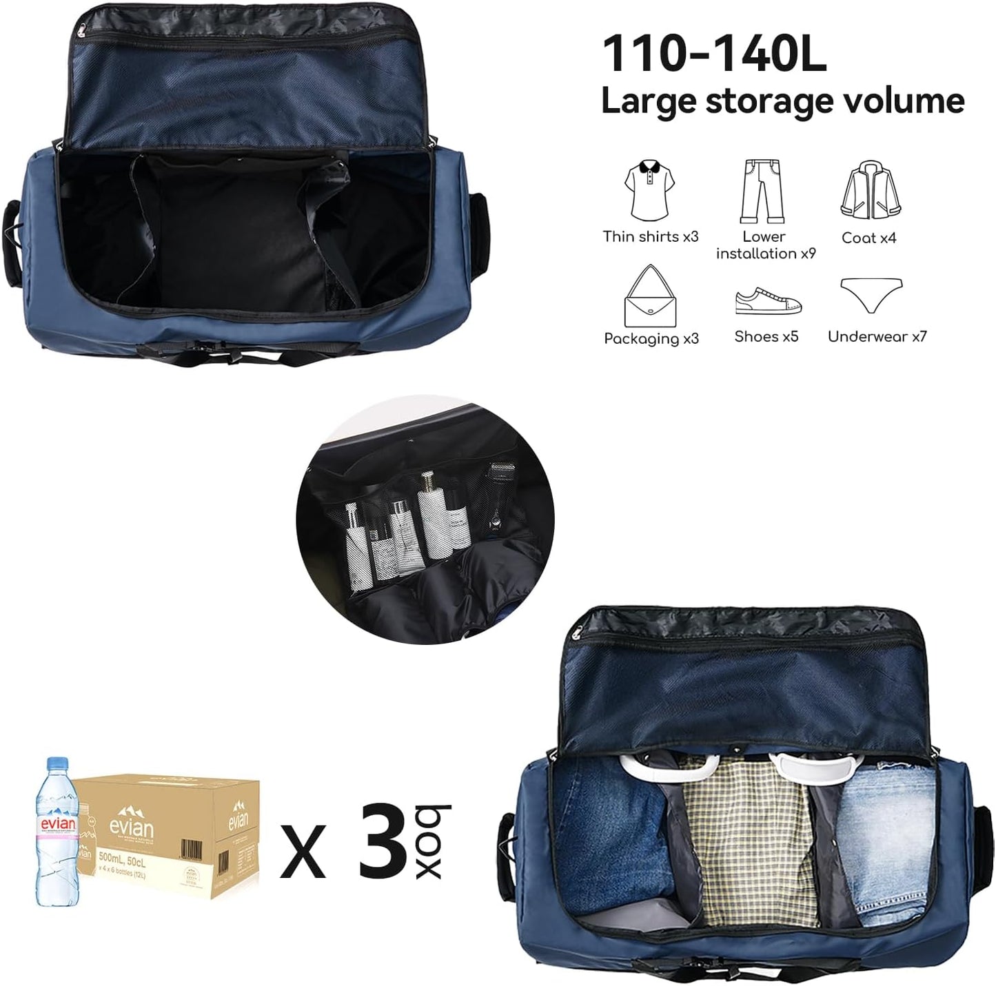 32” 1680D Oxford Foldable Duffle Bag with 2 Wheels,110L to 140L Expandable Soft Sided Rolling Travel Bag,Navy