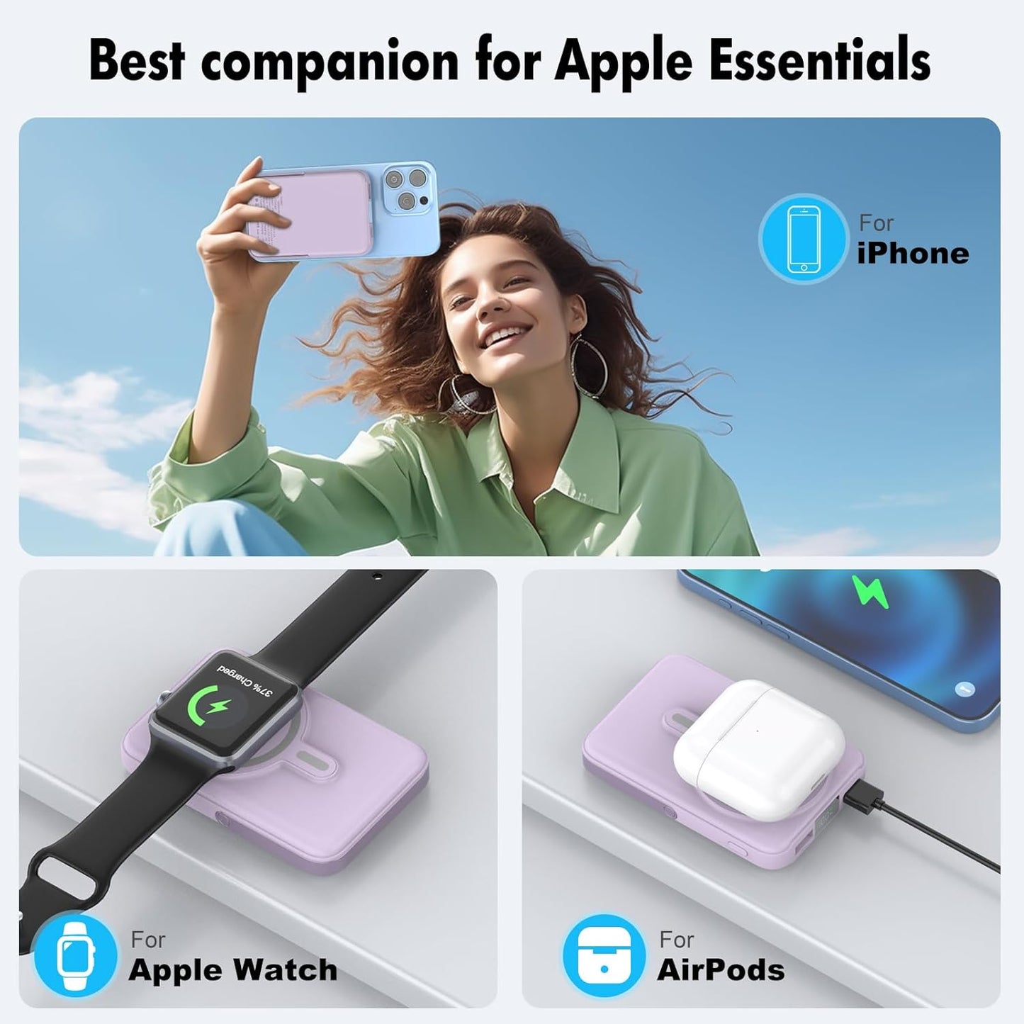 Wireless Portable Charger,3-in-1 Magnetic Power Bank 10000mAh with LED Display,22.5W Fast Charging Mag-Safe Battery Pack,Compatible with iPhone 15/14/13/12, Apple Watch Series, Airpods (Purple)