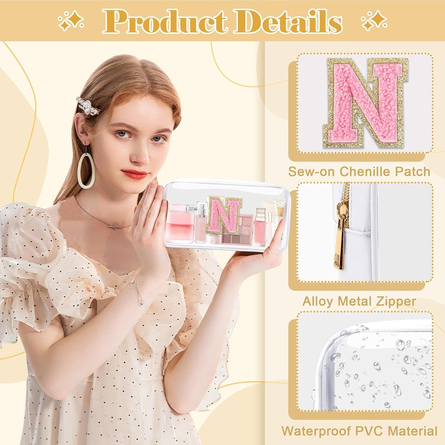 Personalized Initial Letter Clear Makeup Bag,Preppy Small Nylon&PVC Cosmetic Zipper Bag with Chenille Letter,Travel Skincare Toiletry Bag,Monogram Christmas Gift for Teen Girls Women,N