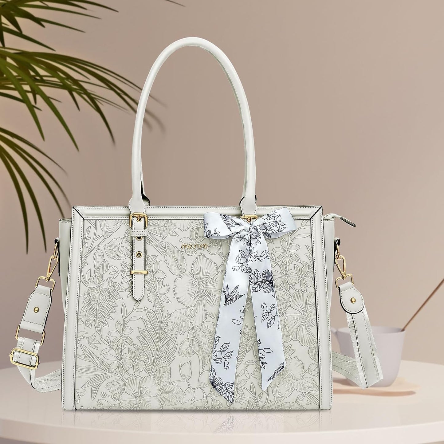 MOSISO Laptop Bag for Women, PU Leather Tote Bag, Front Embossed Retro Hibiscus Computer Bags with