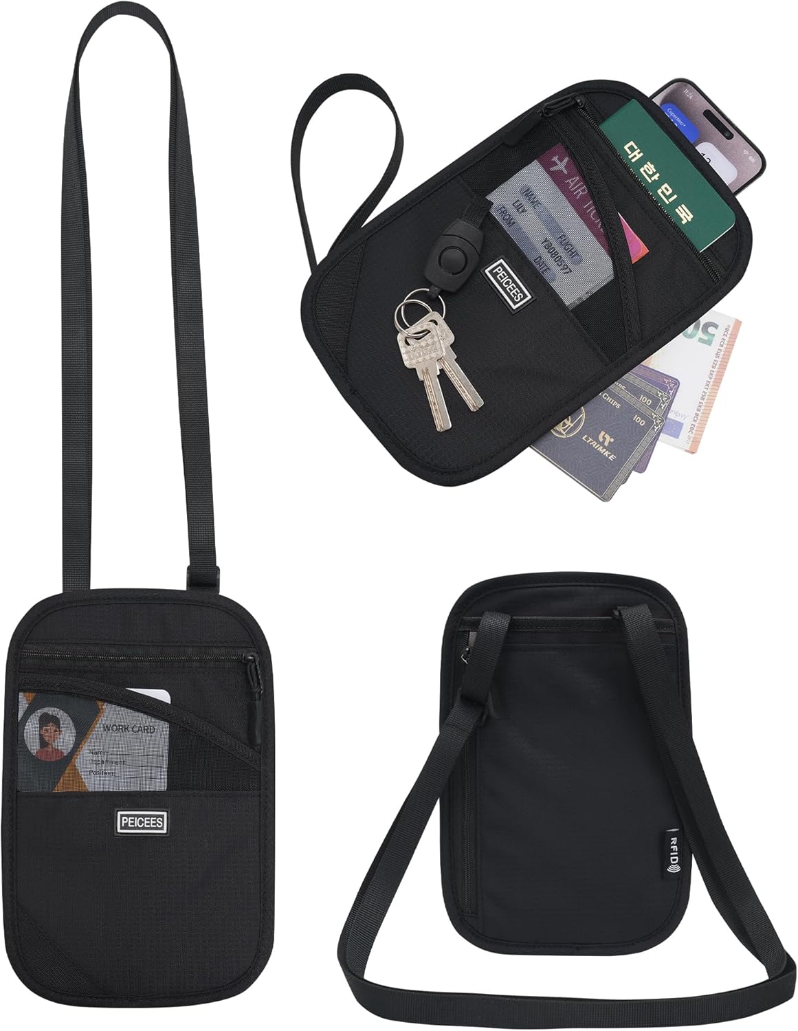 Peicees Neck Wallet, RFID Blocking Passport Holder, Easy to Conceal Travel Pouch, Black