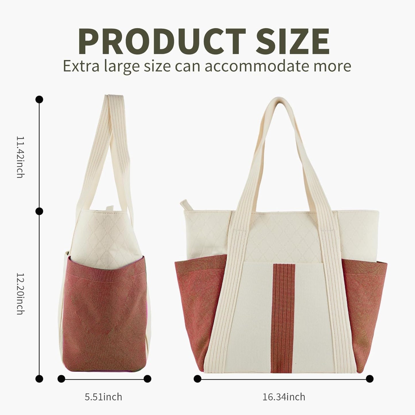 Large Canvas Tote Bag,White and Green, with Laptop Sleeve and Multiple Pockets