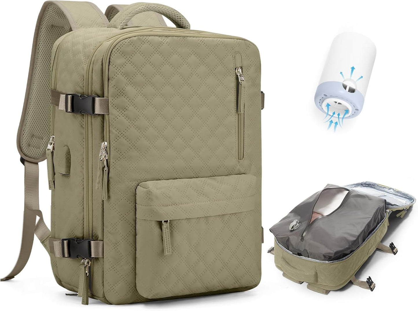 Travel Vacuum Storage Backpack with Air Pump Vacuum Seal Compression Space Saver Bags Clothing Vacpack 18x14x8 inches Travel Bag Carry on Personal item Laptop Work Backpacks Women Men Khaki