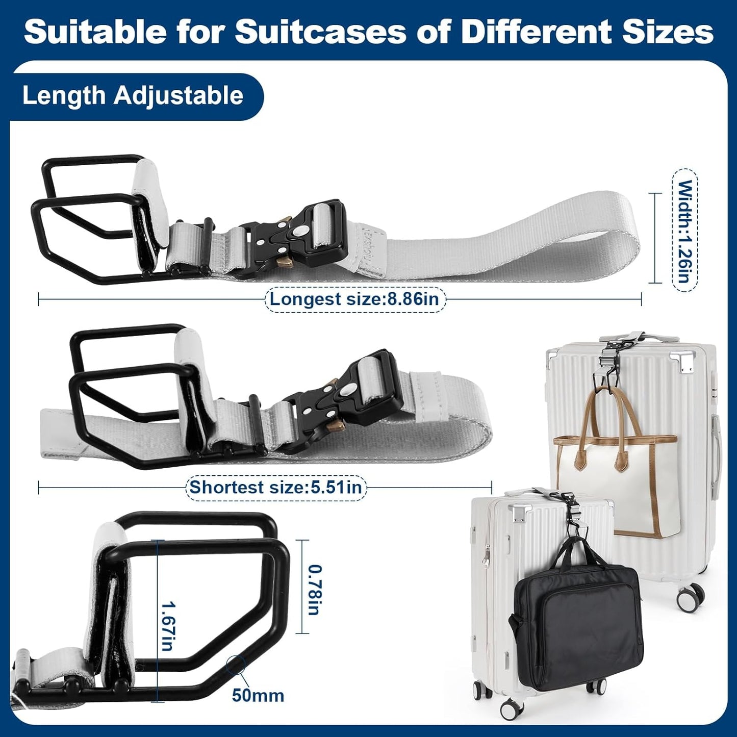 Luggage Hook Strap, J Hook for Luggage Strap Flight Attendant with Hands Free, Adjustable Travel Luggage Straps for Add a Bag Hook