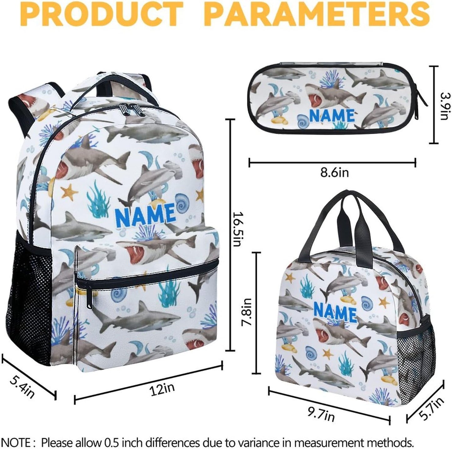 Custom Shark Backpack with Lunch Box, Set of 3 School Backpacks Matching Combo, Cute White Bookbag and Pencil Case Bundle