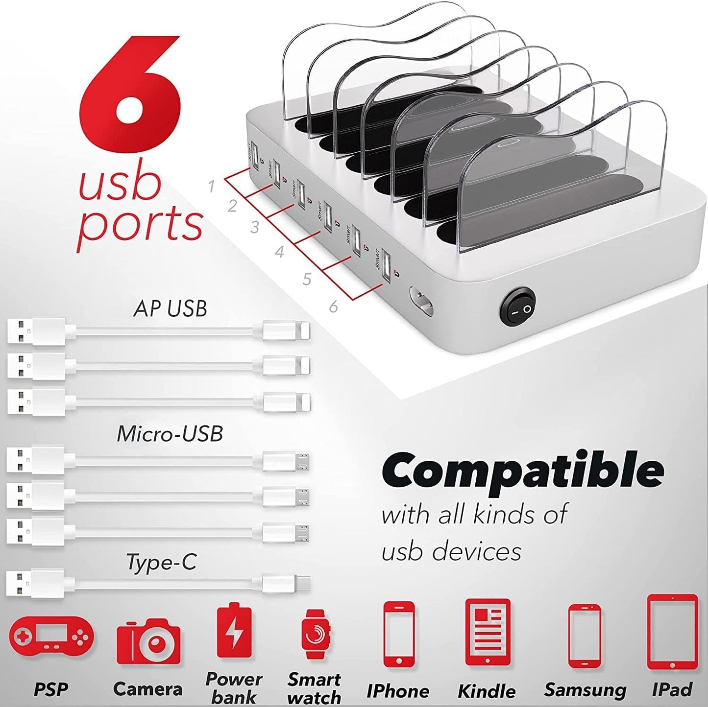 USB Charging Dock - 6-Port - Fast Charging Station for Multiple Devices Apple - Multi Device Charger Station for Apple iPad iPhone and Android Cell Phone and Tablet