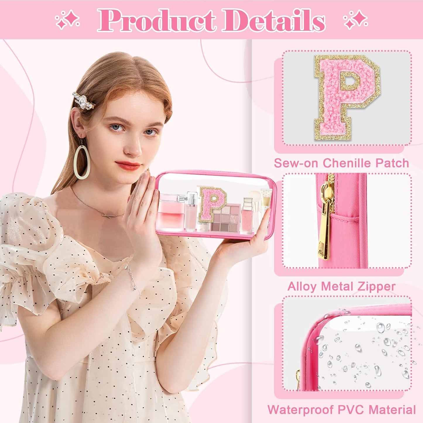Personalized Initial Letter Clear Makeup Bag,Preppy Small Nylon&PVC Cosmetic Zipper Bag with Chenille Letter,Portable Beach Travel Skincare Toiletry Bag,Trendy Monogram Gift for Teen Girls Women,P
