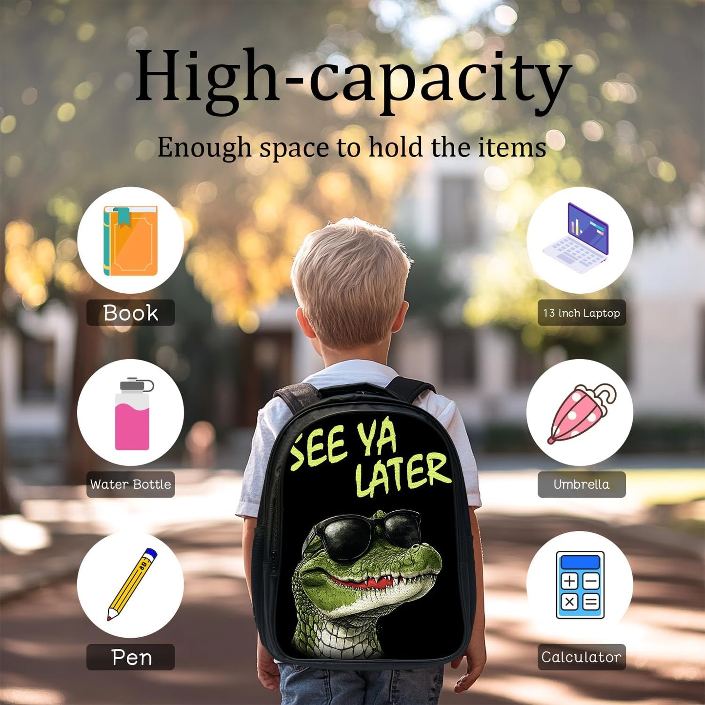 Funny Crocodile Backpack Cool School Bag 3PCS Backpack 16 Inch with Lunch Bag Set Lightweight for Teen Boys Girls Kids Elementary Middle School