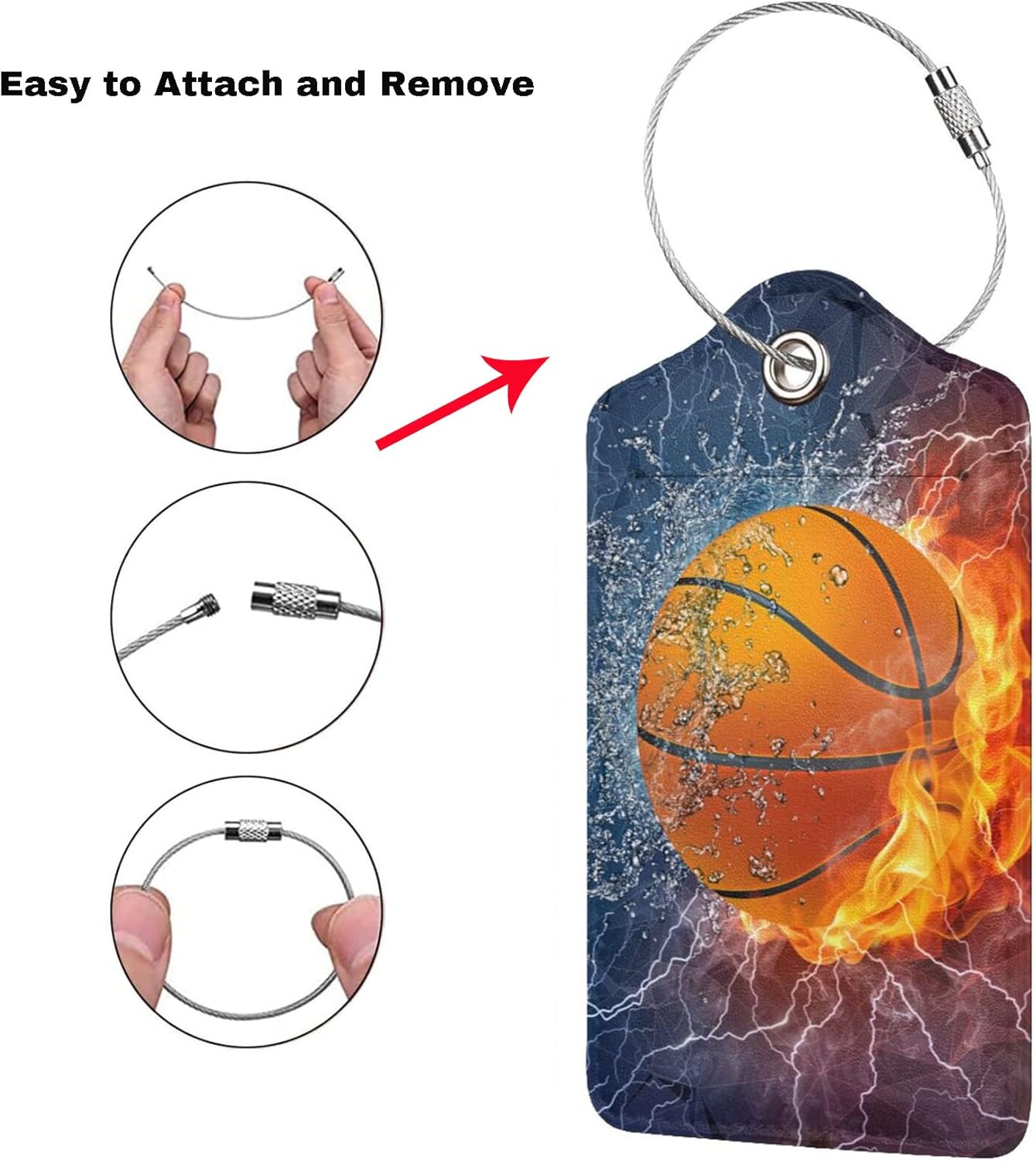 2 Pcs Basketball Luggage Tags for Boys Mens Suitcases for Travel, Sport PU Leather Name Labels Tag Bag Tags with Steel Stainless Loop and Full-Width Design Cover & Address Card
