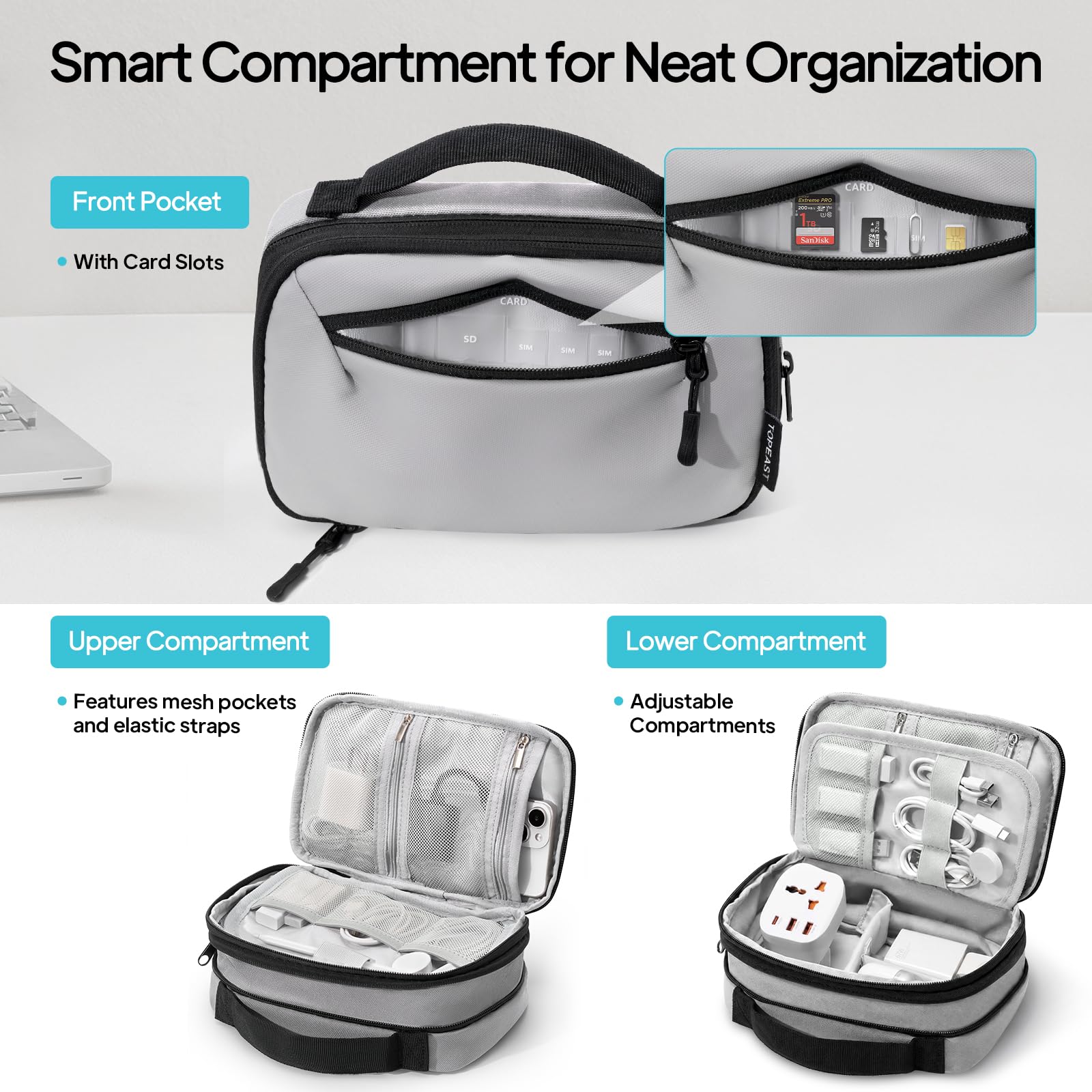TOPEAST Expandable Cable Organizer Bag, Large Capacity Tech Pouch Electronics Travel Organizer