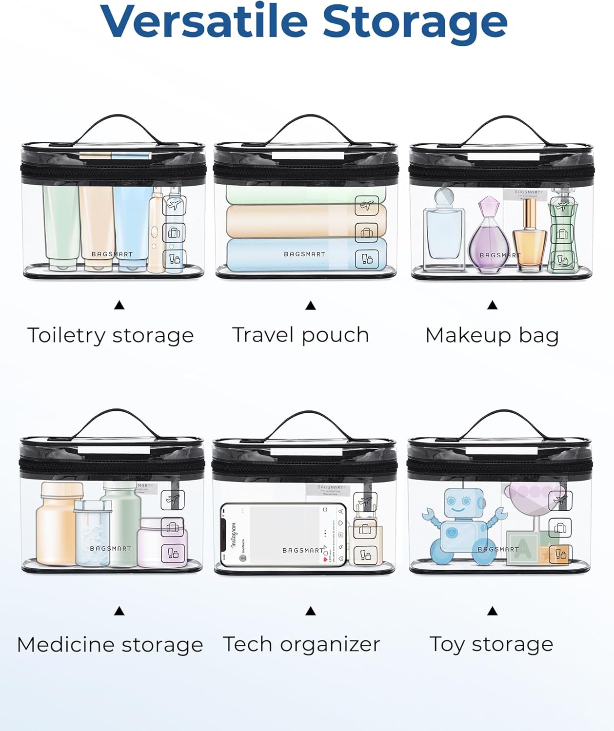 BAGSMART TSA Approved Toiletry Bag, 2 Pack Clear Makeup Cosmetic Bag Organizer, Quart Size Travel Bag for Toiletries, Carry-on Travel Accessories Essentials, White-2pcs