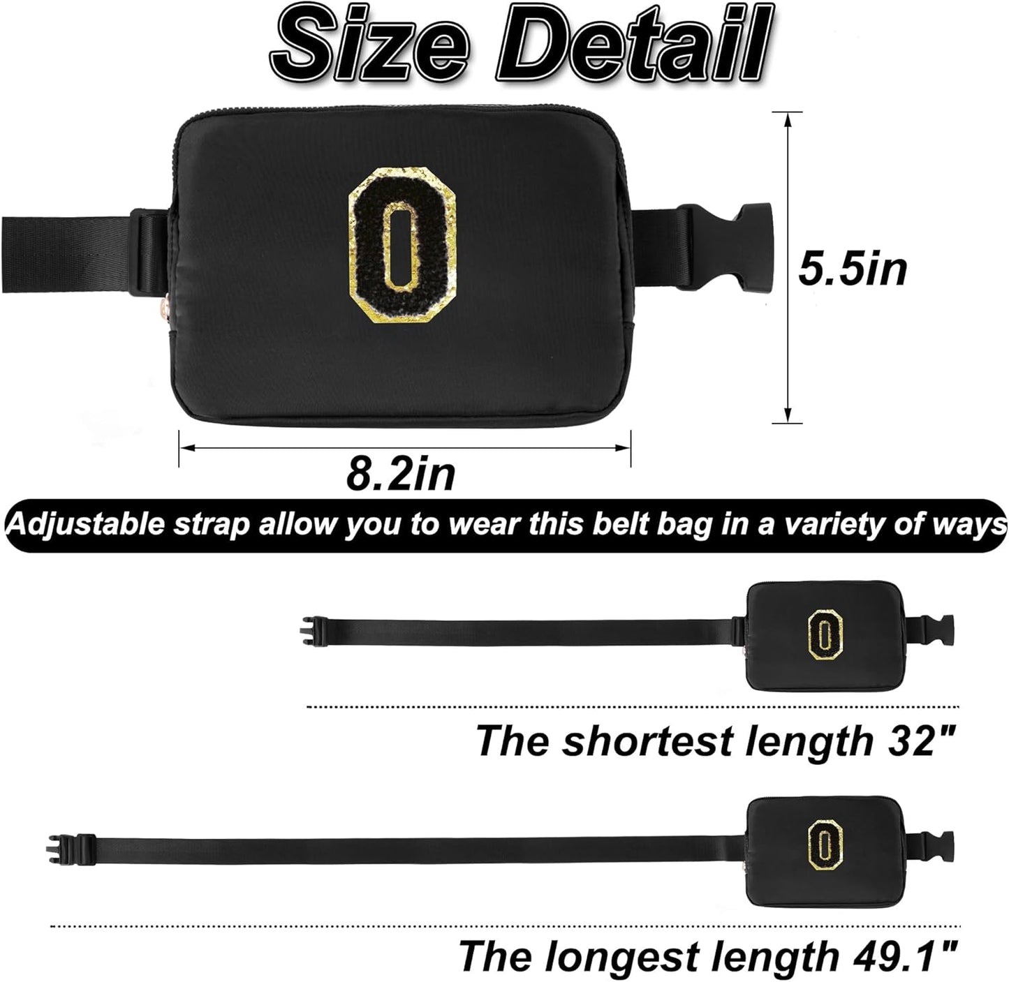 Personalized Belt Bag for Women Girls - Fashion Mini Waist Packs with Adjustable Strap - Trendy Travel Fanny Pack Crossbody Bags with Initial Letter - Teen Gifts | Black,Black O