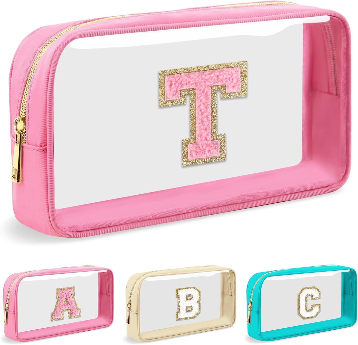 Personalized Initial Letter Clear Makeup Bag,Preppy Small Nylon&PVC Cosmetic Zipper Bag with Chenille Letter,Portable Beach Travel Skincare Toiletry Bag,Trendy Monogram Gift for Teen Girls Women,T