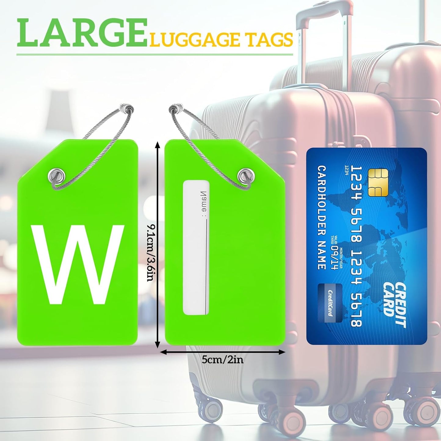 8 Pcs Initial Letter A-Z Luggage Tags Silicone Suitcase Instrument Tag with Name Card and Stainless Steel Loop(Letter W,Green)