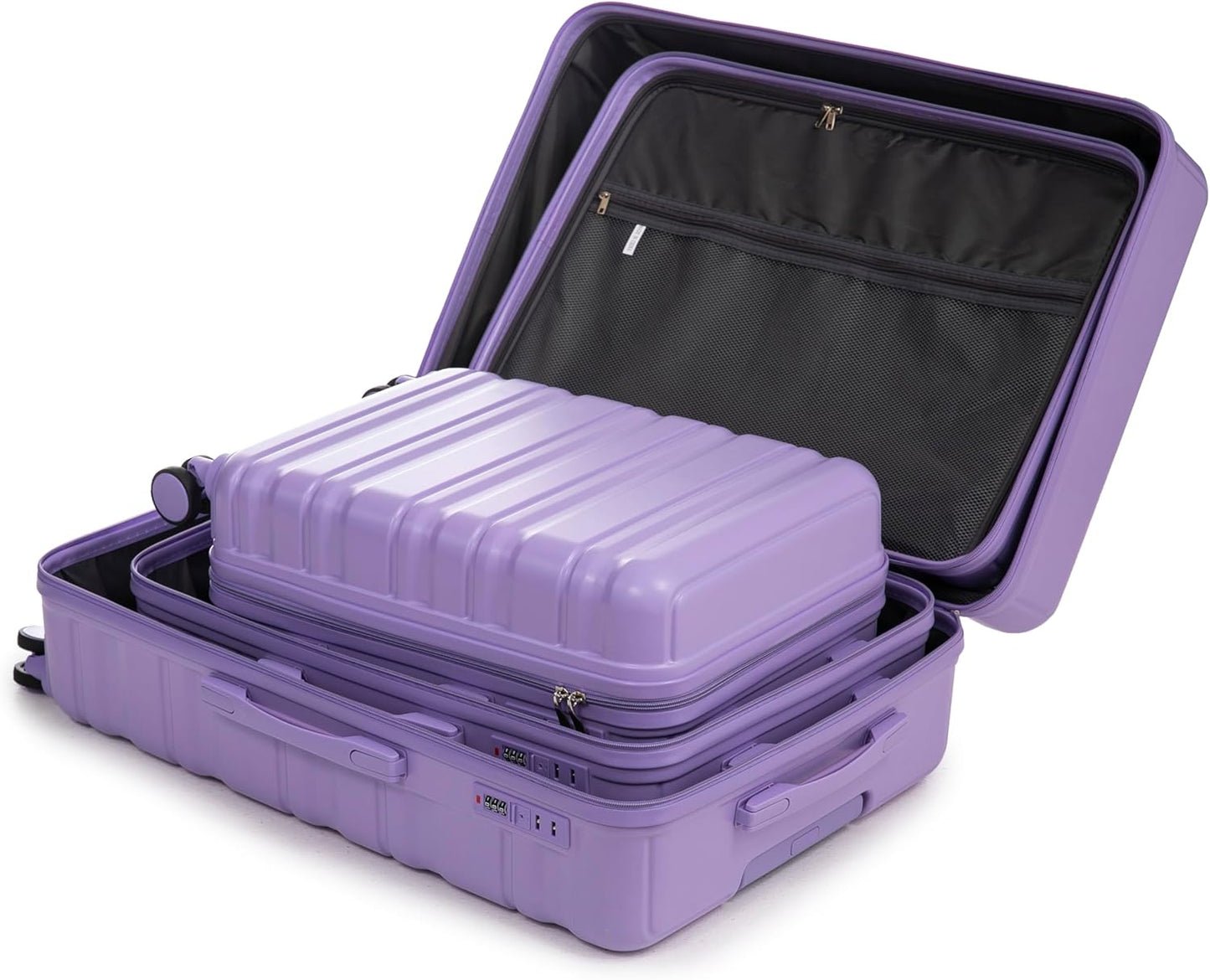 Campfun 3 Piece Luggage Sets, ABS Suitcase Set with Double Spinner Wheels Hang Hook, Durable Carry On Luggage with Combination Lock, 20/24/28 inch, Purple