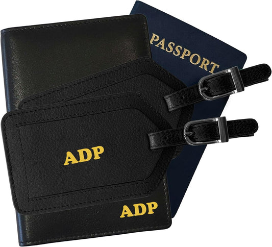 Personalized Monogrammed Black Leather RFID Passport Wallet and 2 Luggage Tags