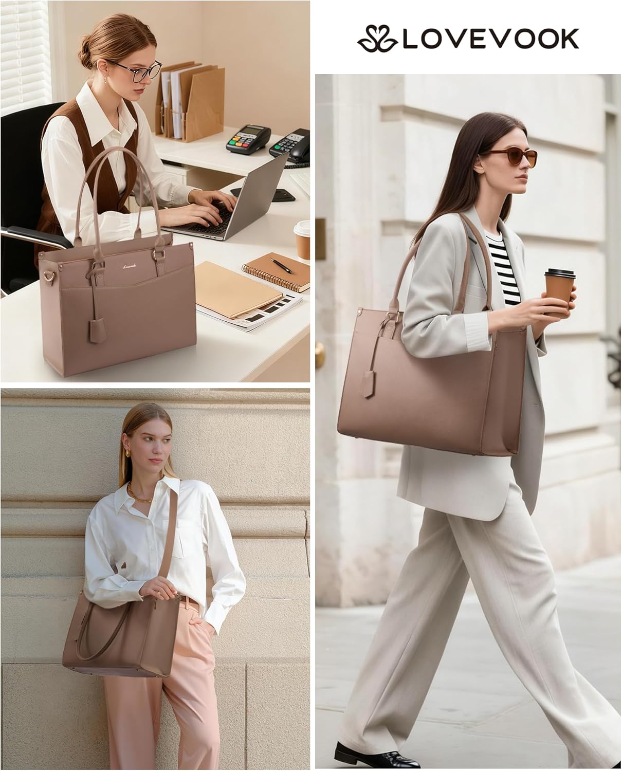LOVEVOOK Laptop Bag for Women, 2-in-1 Tote Purse with Clutch & Cup Holder, Waterproof Briefcase for Work Travel