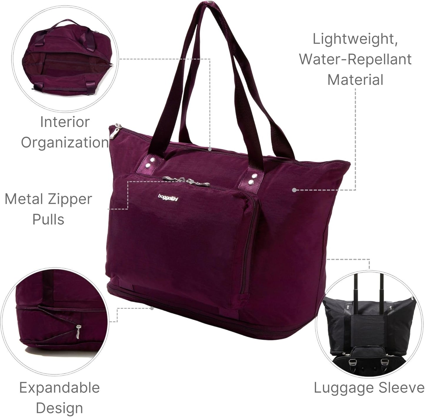Baggallini Carryall Expandable Lightweight Travel Tote 22" Packable Folding Compact Nylon Washable Weekender w/Luggage Sleeve