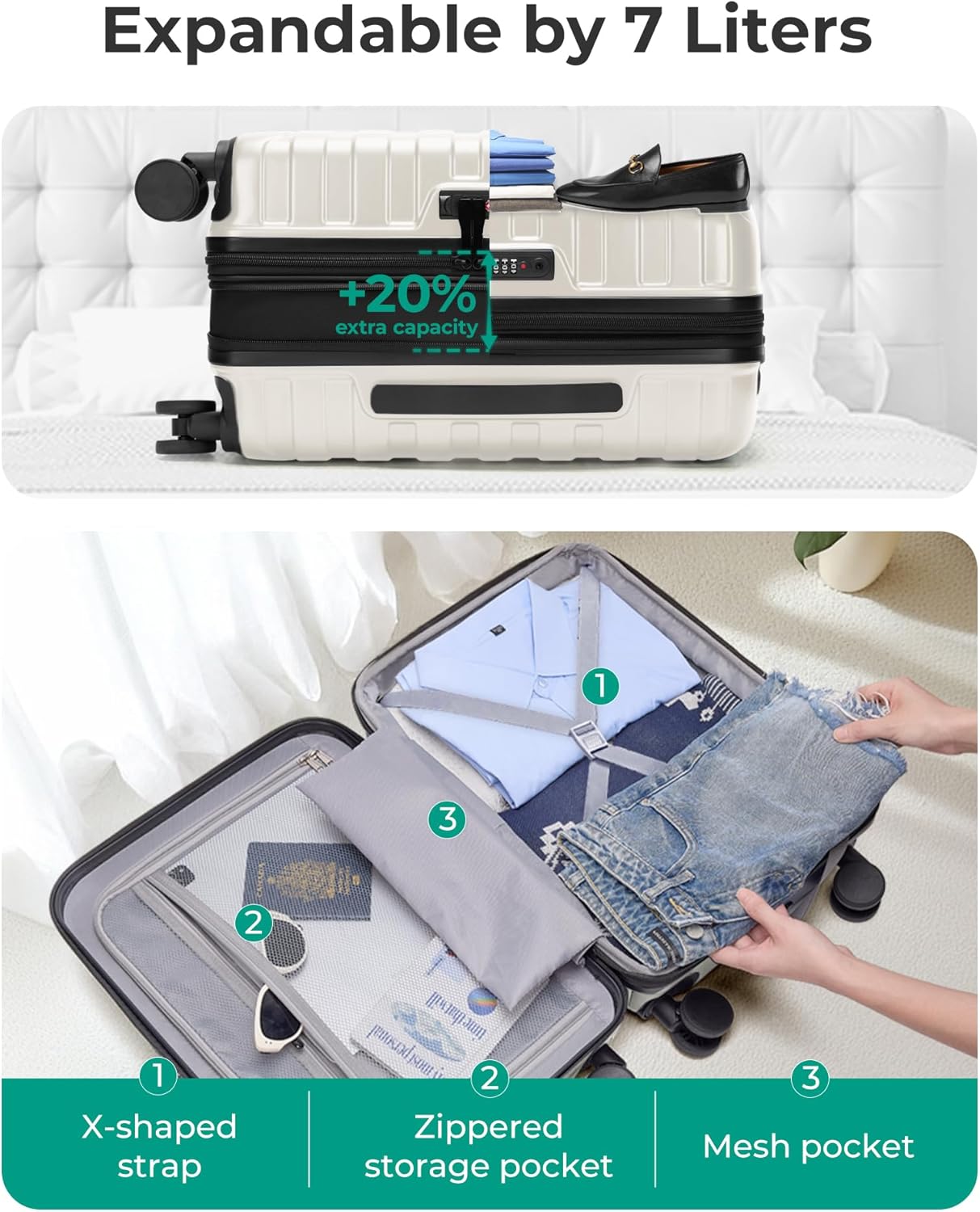 BAGSMART Carry On Luggage 22x14x9 Airline Approved with Spinner Wheels,Lightweight 20 Inch Luggage with TSA Lock,Expandable Hard Shell Carry On Suitcases for Men Women,White