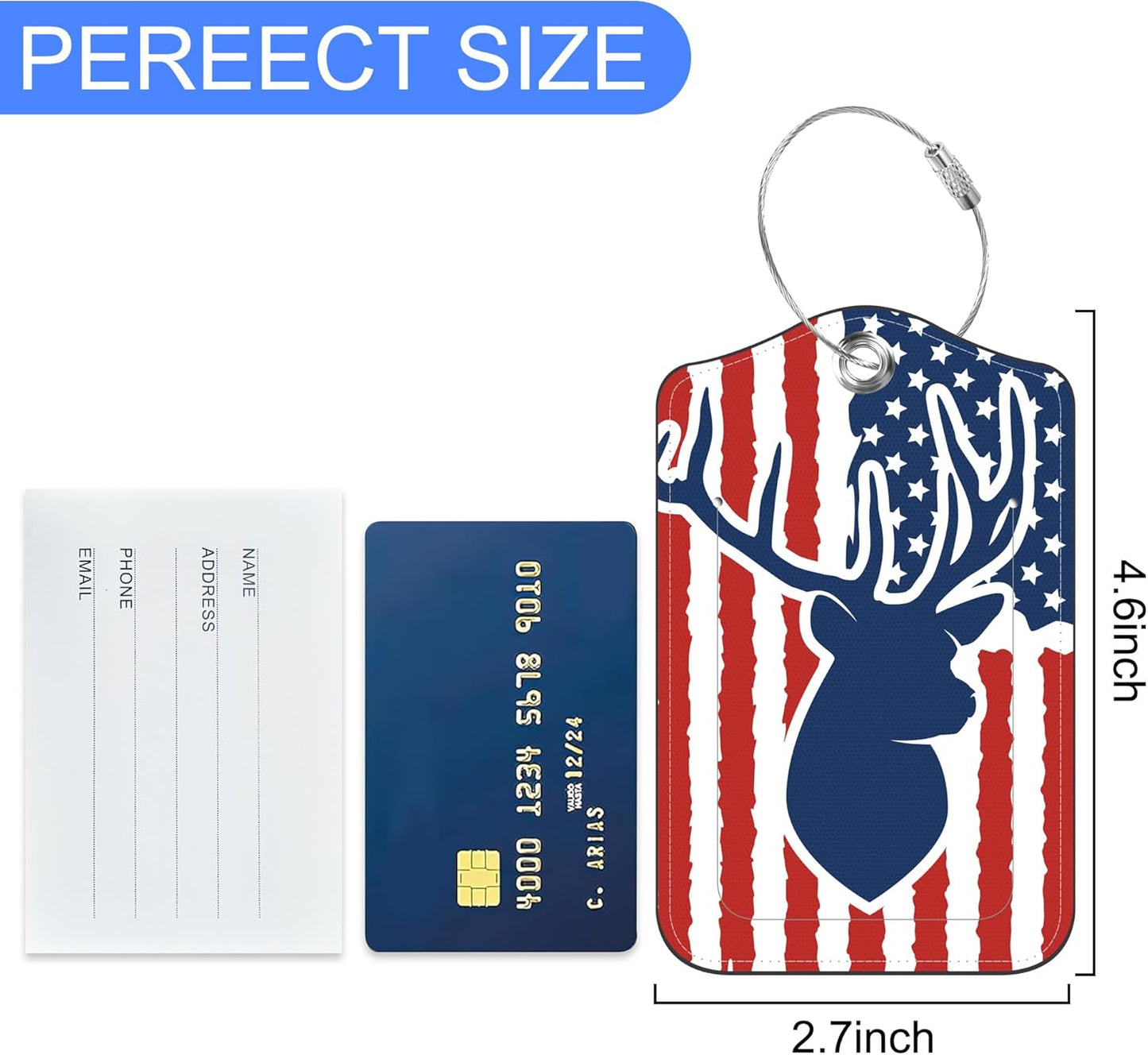 2 PCS American Hunting Deer Flag Luggage Tag for Suitcase Hunter American Flag Deer Leather Suitcase Tags with Name Address Card Label Privacy Cover and Stainless Steel Loop for Women Men