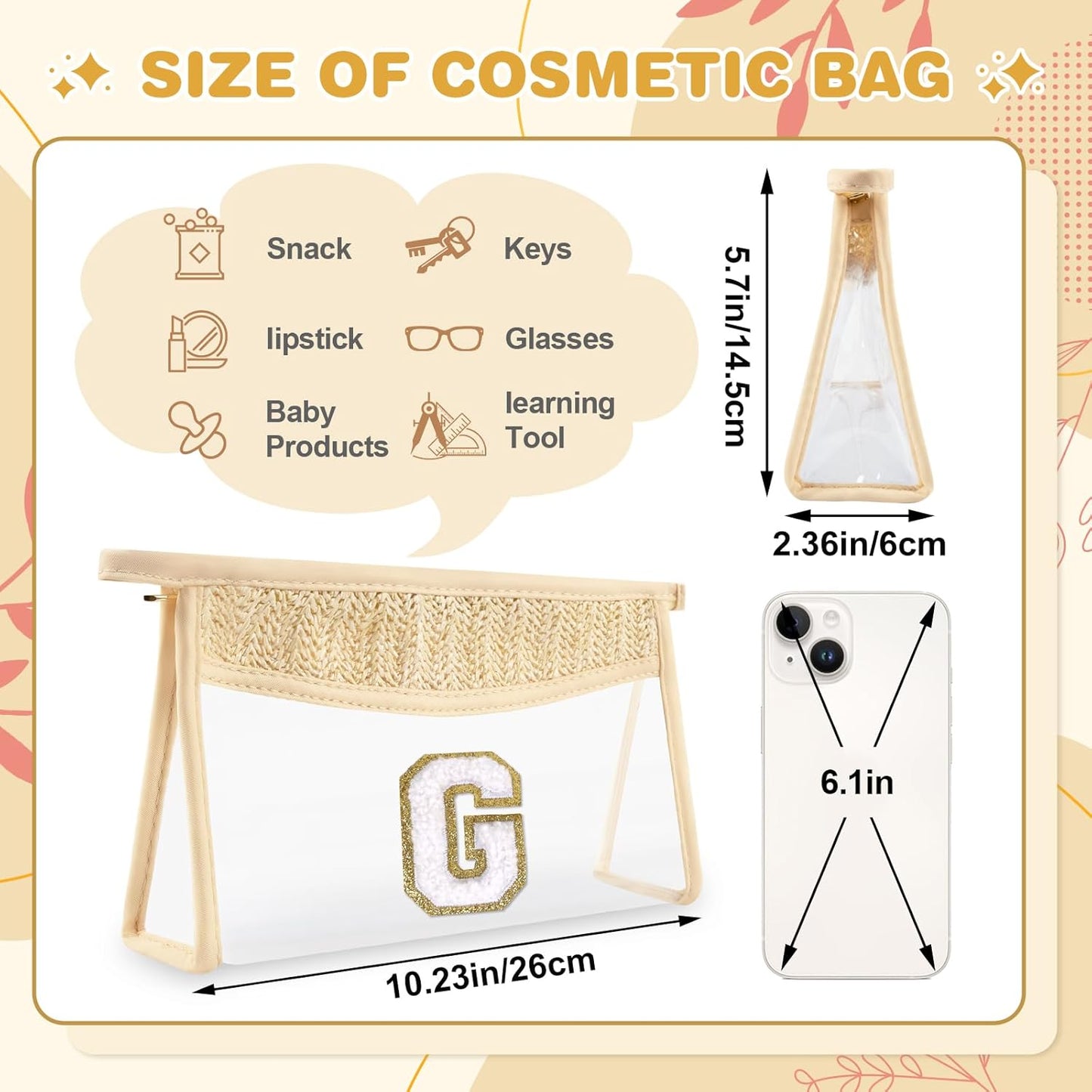 Personalized Initial Letter Bag Boho Straw Clear Makeup Bag,Small Cute Chenille Varsity Letter Bag With Zipper,Beach Travel Toiletry Bag,Portable Monogrammed Cosmetic Bag for Women Girls,G